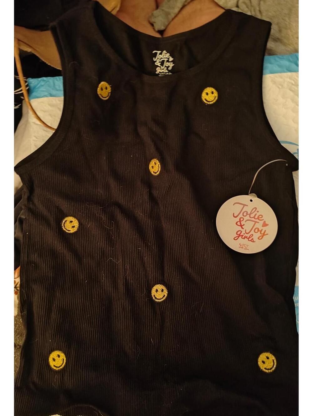 NWT Jolie & Joy tank top -youth L - black w smiley face AOP